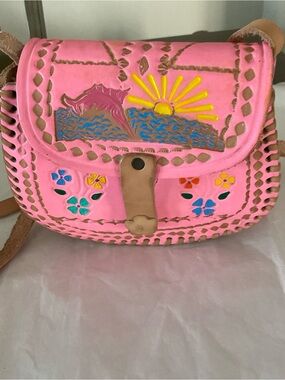 Frida Kahlo Hand Tooled Pink Leather Purse Handmade  in Mexico